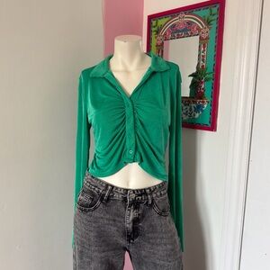 Just Polly Green Ruched And Cropped Button Up Long Sleeve Top